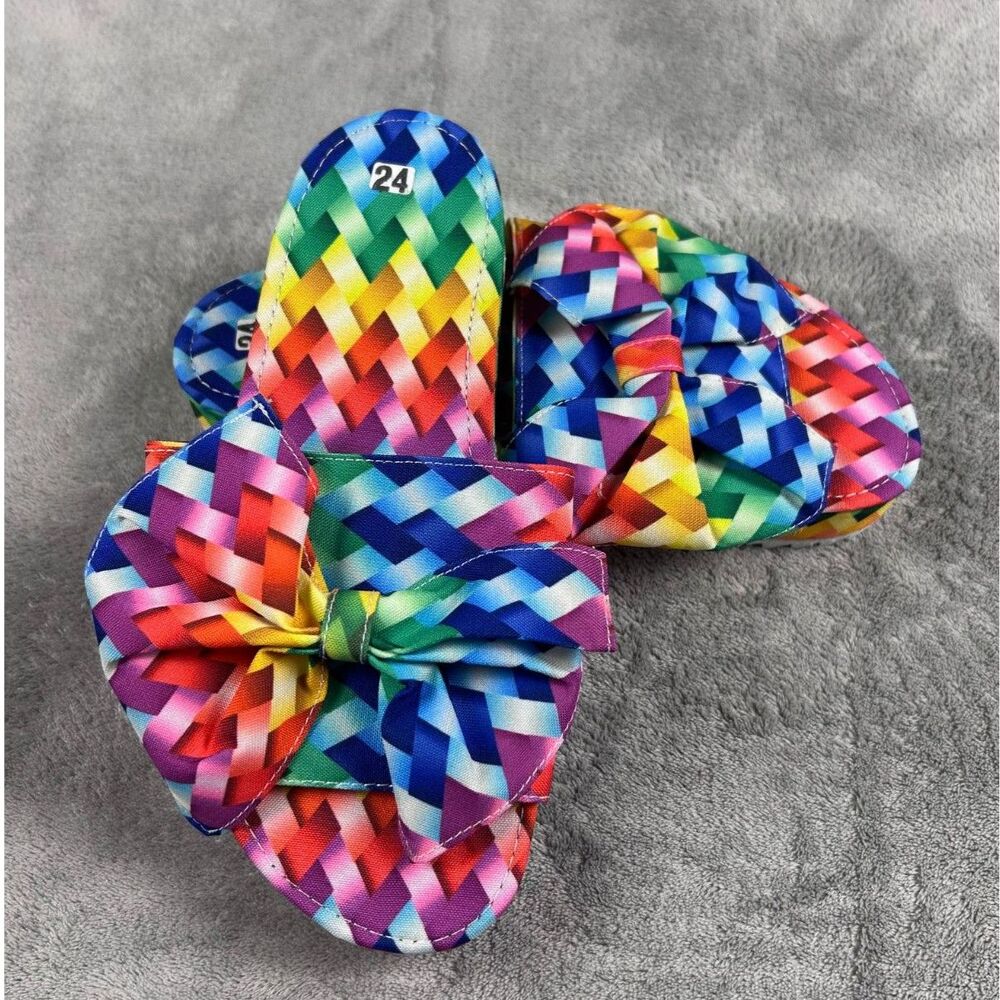 NEW Women’s Mexican Sandals US 7 MX 24 Rainbow Multicolor Bow Platform Slides